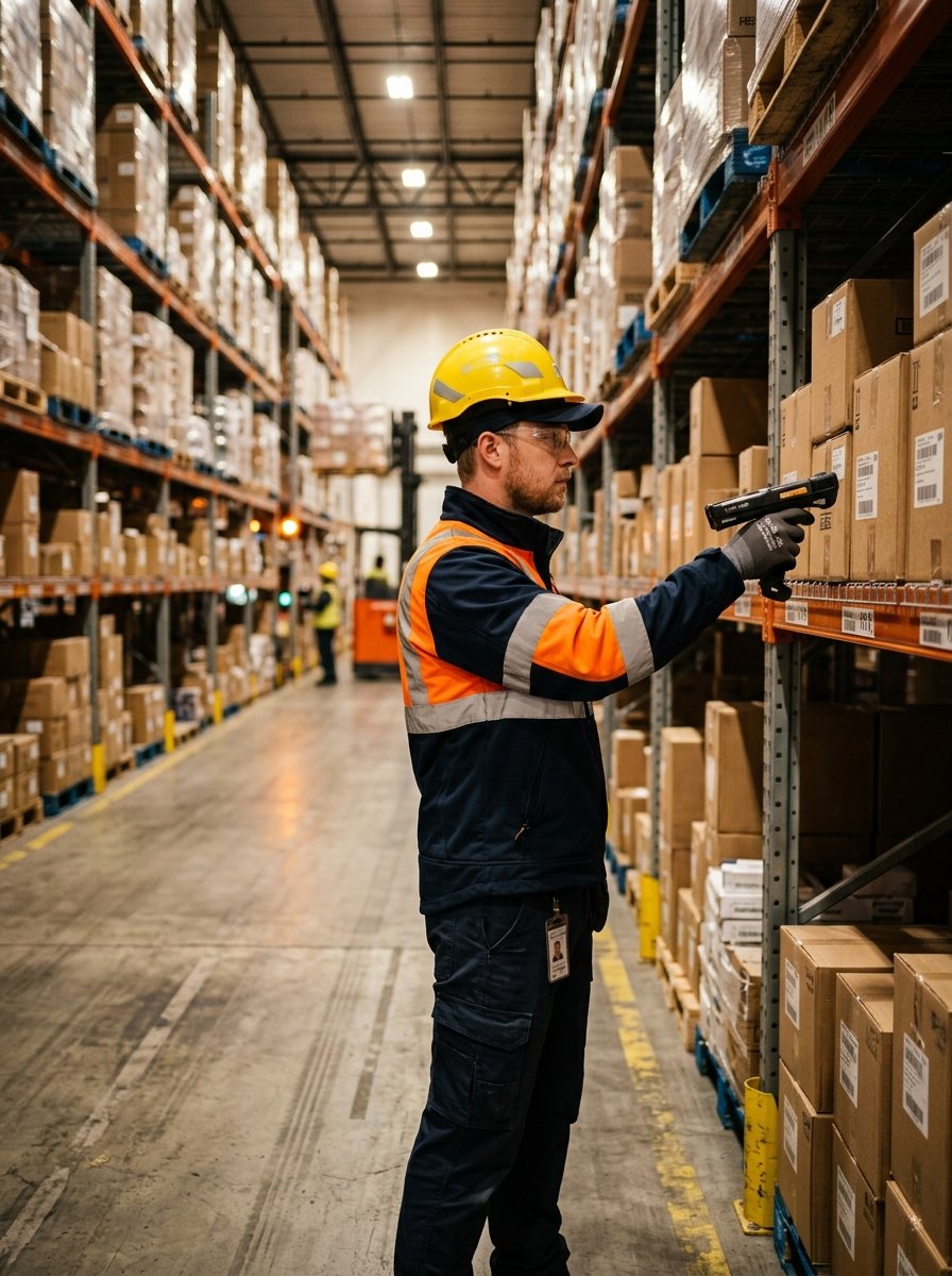 Skilled logistics warehouse worker scanning packages